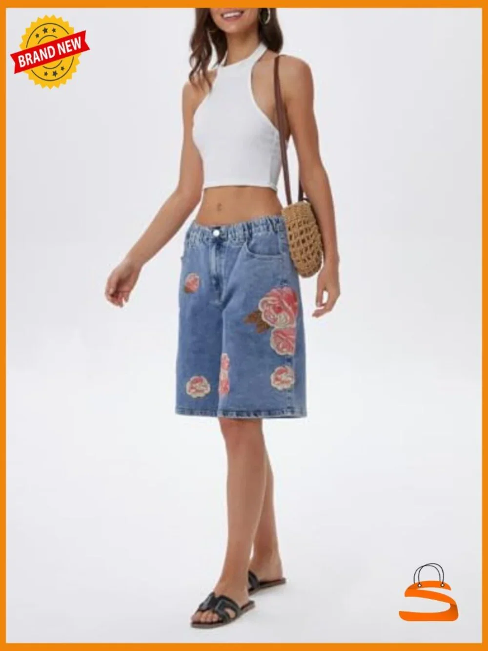 Bermuda Jean Shorts Mid Rise Baggy Stretchy Embroidered Jorts with Pockets